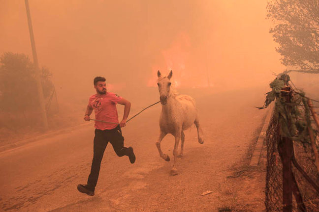 Un hombre huye de las llamas con su caballo. / efe