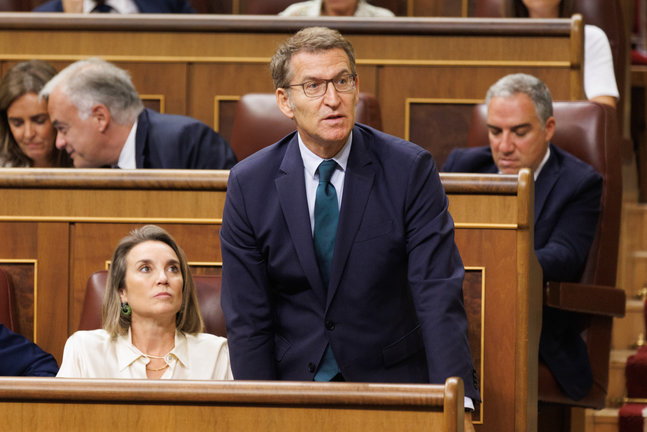 El líder del PP y candidato a la Presidencia del Gobierno, Alberto Núñez Feijóo (d), interviene durante la segunda votación de la investidura del líder del Partido Popular