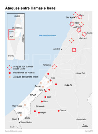 Los duros bombardeos israelíes sobre Gaza, más de 3.000 cohetes lanzados de la Franja a Israel, combates contra milicias palestinas que aún controlan zonas israelíes y decenas de rehenes israelíes capturados marcan la guerra que estalló hoy.