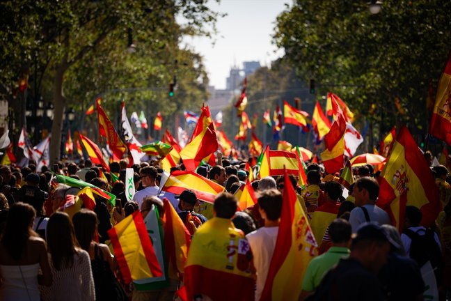 Manifestantes con la bandera de España durante la protesta organizada por Espanya i Catalans