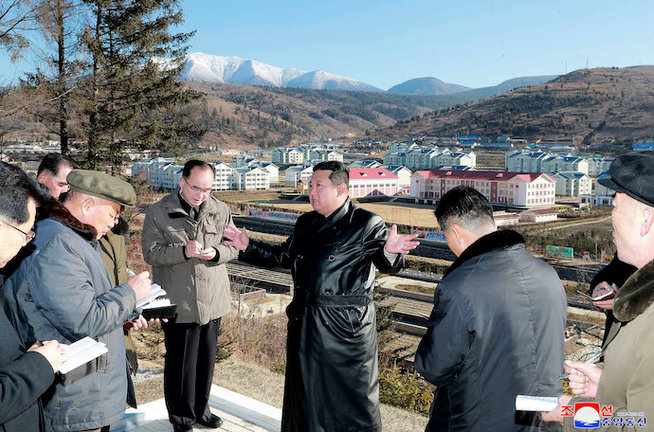 This undated photo provided on Nov. 16, 2021, by the North Korean government, North Korean leader Kim Jong Un, center, inspects a major development project site in Samjiyon, Ryanggang province, North Korea. Independent journalists were not given access to cover the event depicted in this image distributed by the North Korean government. The content of this image is as provided and cannot be independently verified. Korean language watermark on image as provided by source reads: "KCNA" which is the abbreviation for Korean Central News Agency. (Korean Central News Agency/Korea News Service via AP)