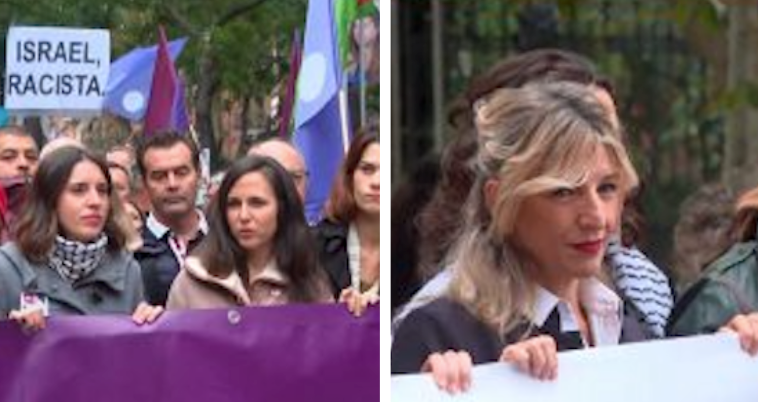 Yolanda Díaz, Ione Belarra, Irene Montero y Alberto Garzón han secundado la manifestación contra Israel de este domingo en Madrid
