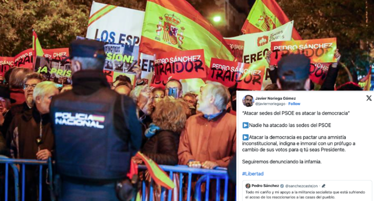 Concentraciones este lunes frente a la sede del PSOE en la calle Ferraz, en Madrid, contra los pactos de investidura del presidente en funciones, Pedro Sánchez, que incluyen una ley de amnistía. EFE/ J.P. Gandul