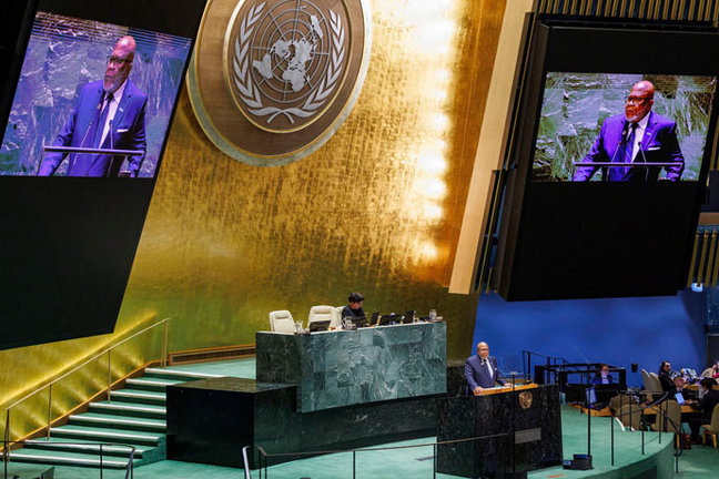 El presidente de la Asamblea General de la ONU, Dennis Francis. EFE/ Sarah Yenesel