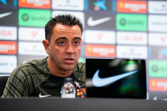 El entrenador del FC Barcelona, Xavi Hernández, en rueda de prensa./ e.p.