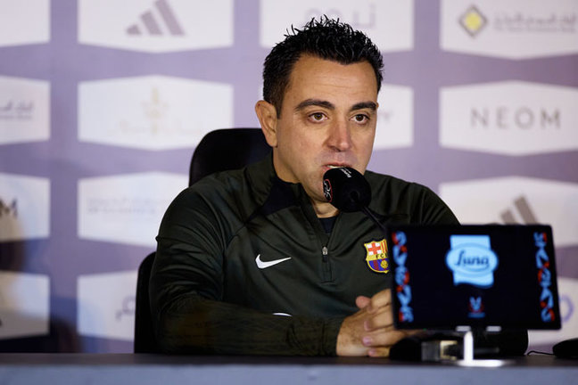 El entrenador del Barcelona, Xavi Hernández en la rueda de prensa previa a la segunda semifinal de la Supercopa de España 2024. / David Aliaga