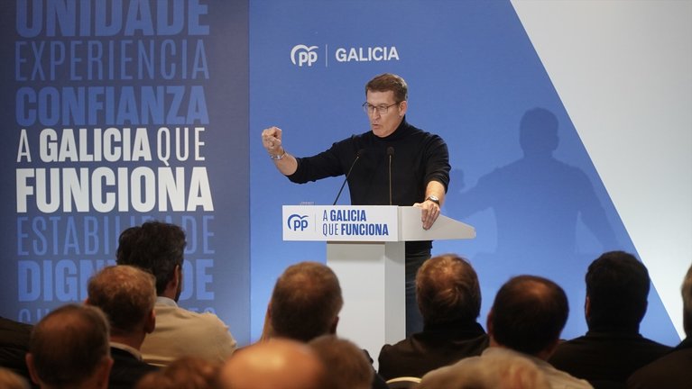 El presidente nacional del PP, Alberto Núñez Feijóo, interviene durante un mitin de campaña. EP / Gustavo de la Paz