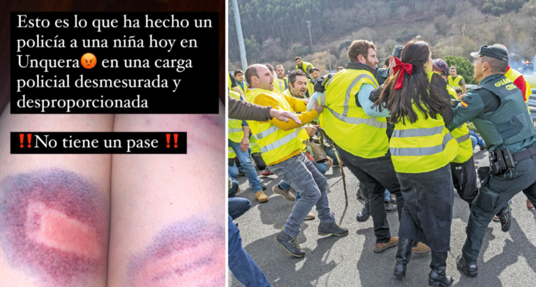 Captura de pantalla de un post de instagram de la ganadera cántabra Marta García.  A la derecha, las cargas en Unquera. / Hoyos