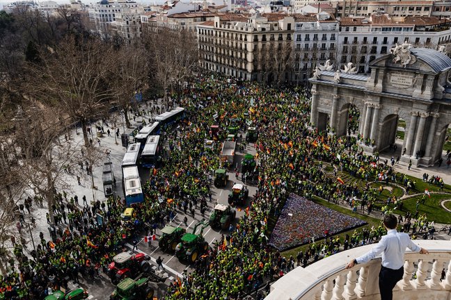 Cientos de agricultores reciben a las primeras columnas de tractores en la Puerta de Alcalá durante la décimosexta jornada de protestas. EP / Carlos Luján