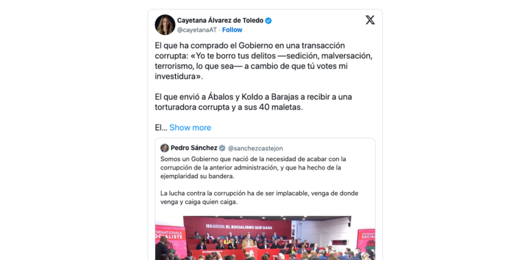 Captura de pantalla del tuit de Cayetana hacia Pedro Sánchez.