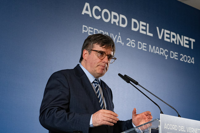 El expresidente de la Generalitat y candidato de Junts a las elecciones catalanas, Carles Puigdemont. / Glòria Sánchez