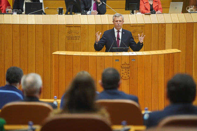 Alfonso Rueda interviene en el Parlamento de Galicia, durante el debate de la investidura. / ÁLVARO BALLESTEROS