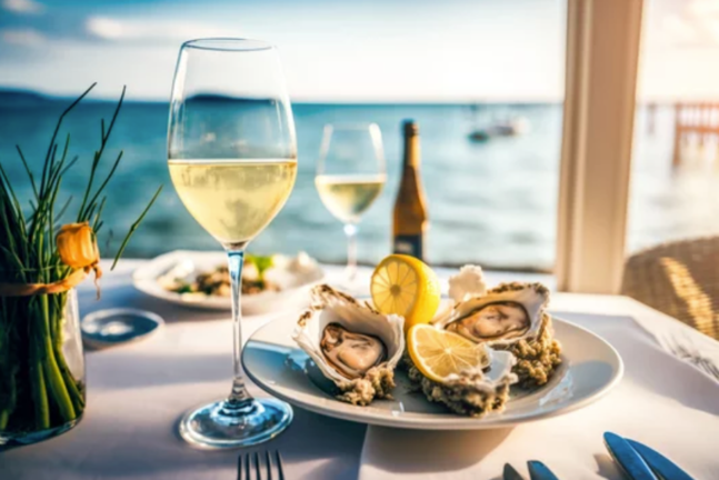 Deléitese con unas ostras recién descascarilladas y saboree una copa de vino blanco en un vibrante restaurante de marisco.