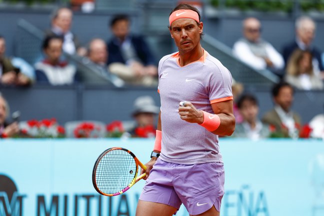 Rafa Nadal celebra un punto durante su debut en el Mutua Madrid Open 2024. / Irina R. Hipolito