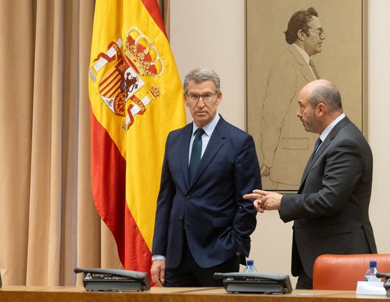 El líder del PP, Alberto Núñez Feijóo (i) y el presidente del Senado, Pedro Rollán (d), salen de la reunión de los grupos parlamentarios de Congreso y Senado. Eduardo Parra
