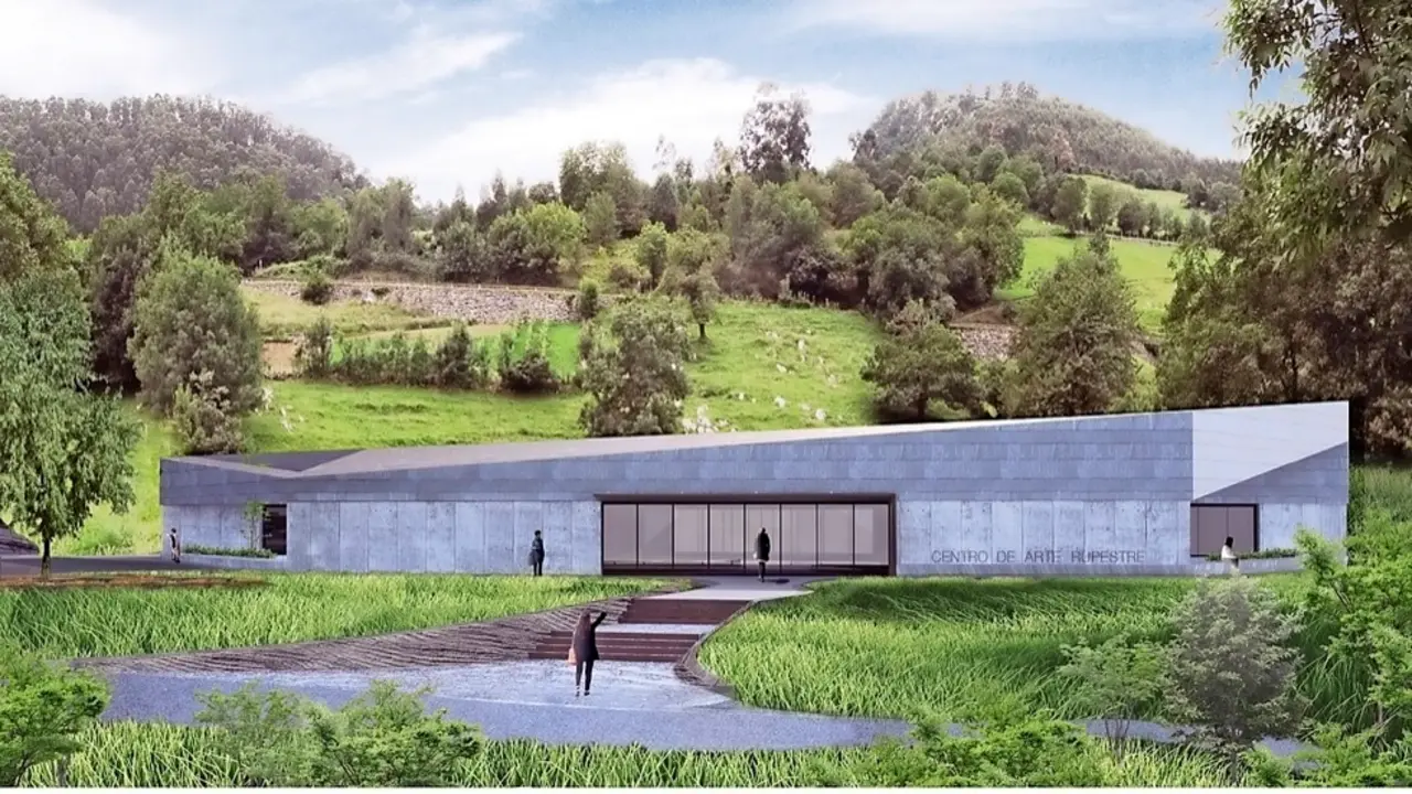 Infograf&iacute;a de la vista principal del edificio del futuro Centro de Interpretaci&oacute;n del Arte Rupestre de Puente Viesgo, dise&ntilde;ado por Sukunfuku Studio. / ALERTA