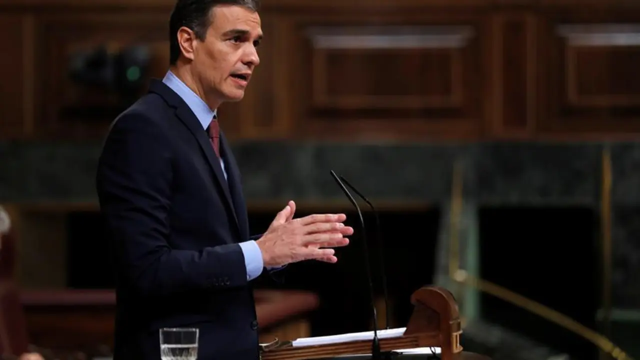 El presidente del Gobierno, Pedro S&aacute;nchez, durante su intervenci&oacute;n en el pleno del Congreso hoy. EFE/ Emilio Naranjo
