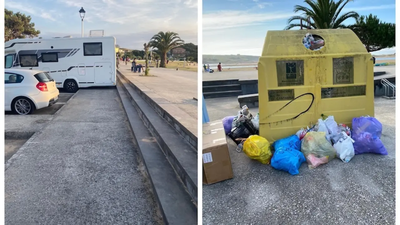 Playa de Usil en Mogro, donde se ve el estado actual de suciedad que se encuentra la playa y c&oacute;mo autocaravanas aparcan sin orden interrumpiendo el paso y la accesibilidad a la zona. / ALERTA