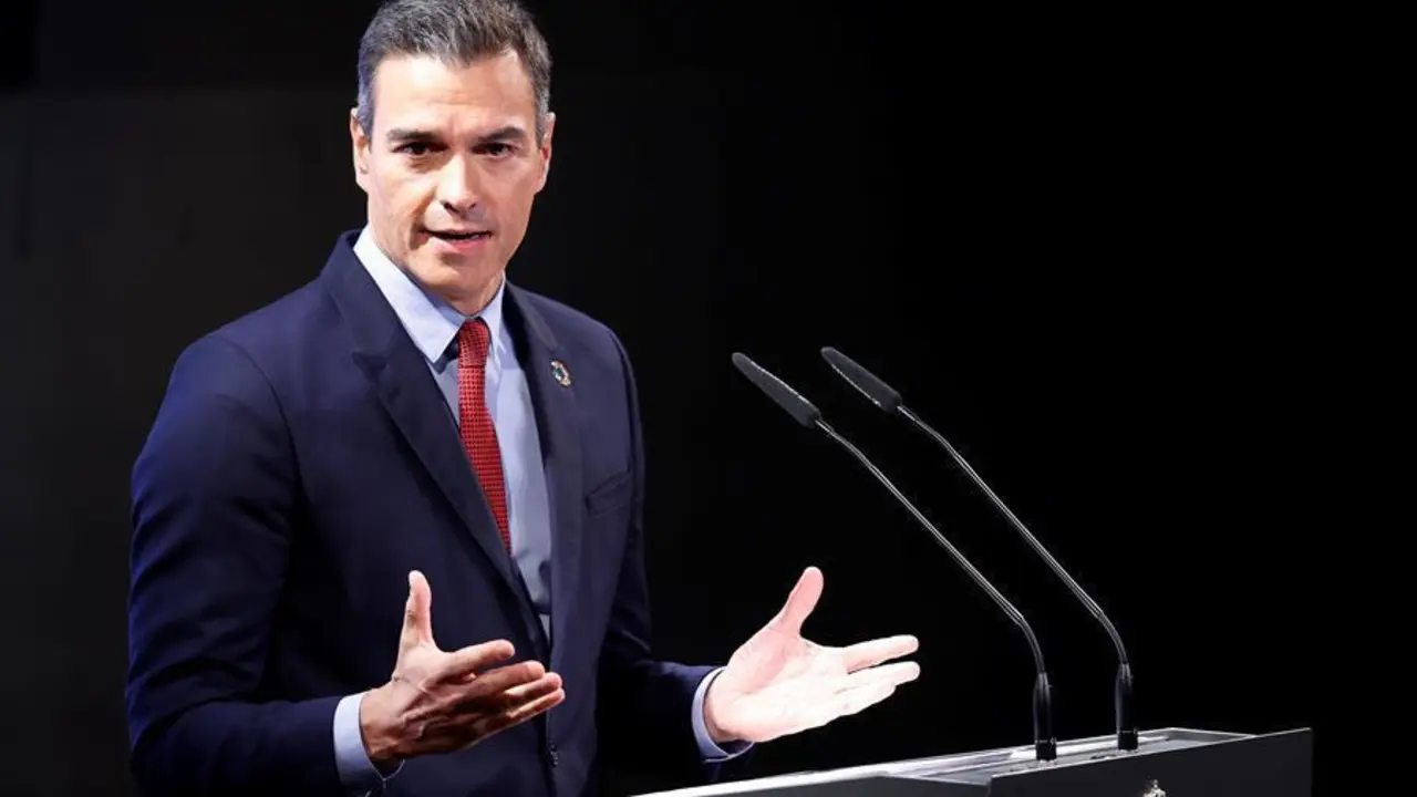 El presidente del Gobierno, Pedro S&aacute;nchez, durante la conferencia. EFE/ Mariscal