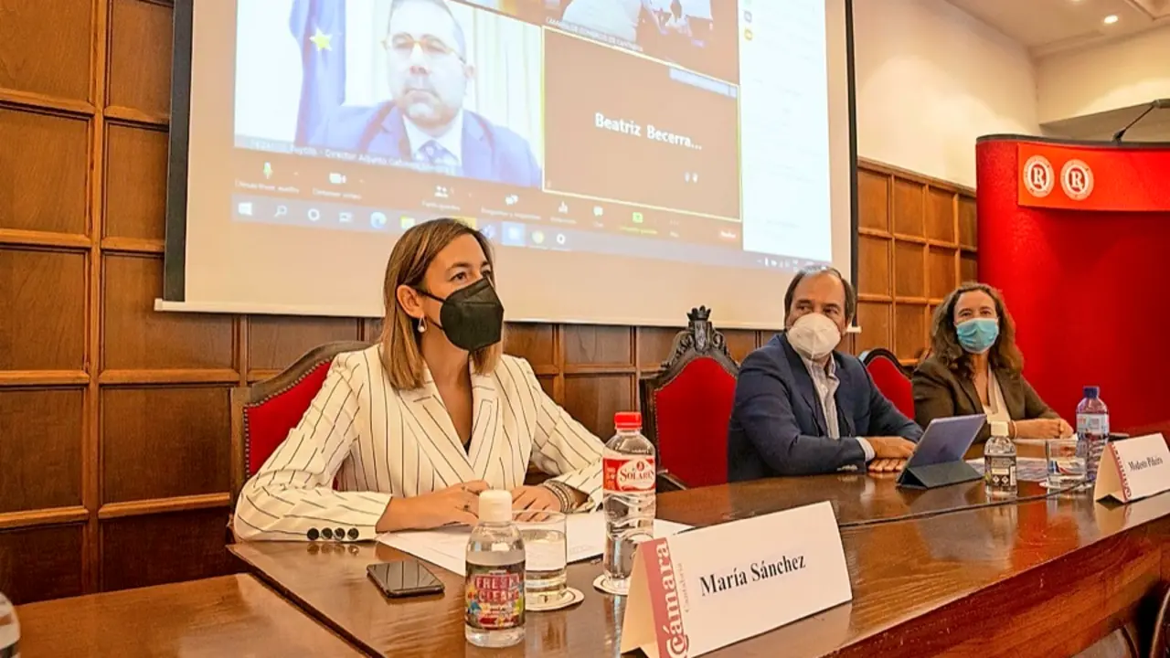 La consejera Mar&iacute;a S&aacute;nchez durante su intervenci&oacute;n ayer en la C&aacute;mara de Comercio. / alerta