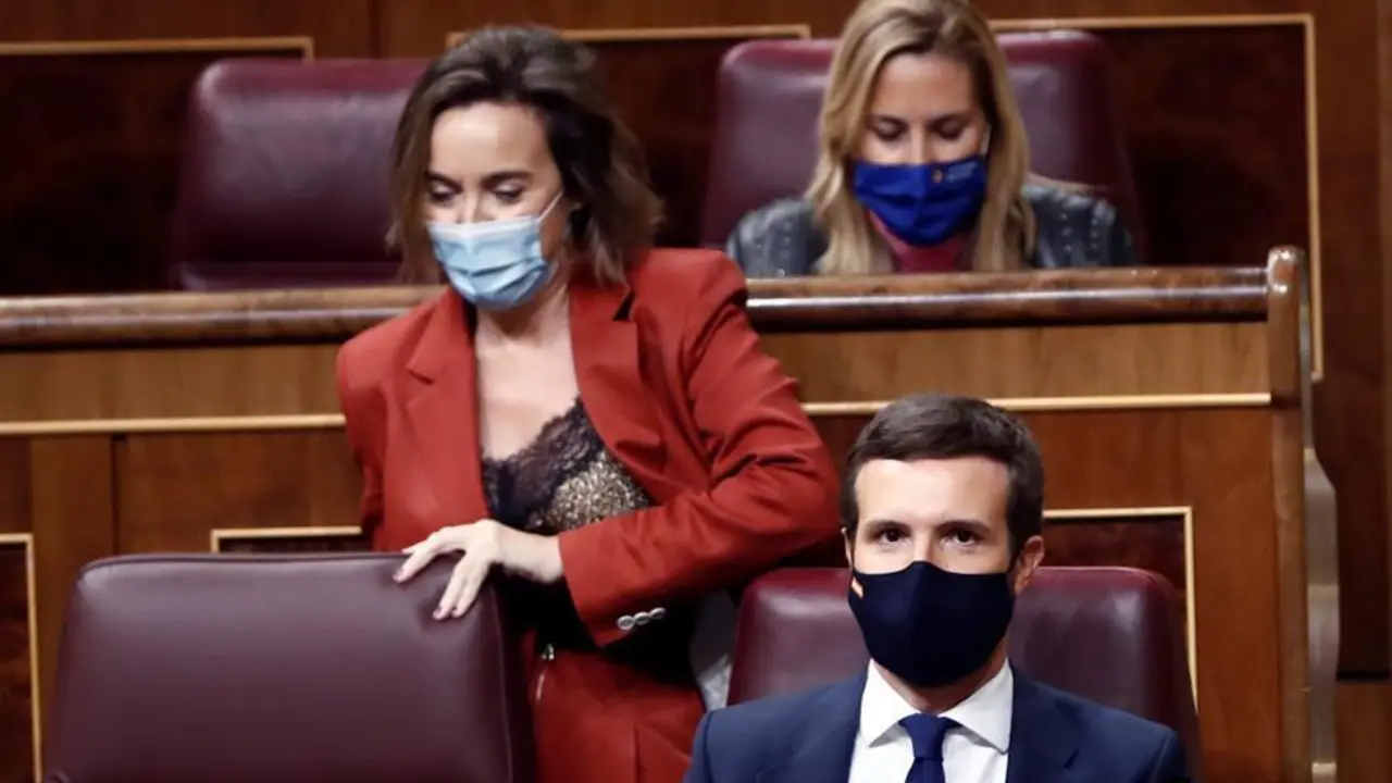 El l&iacute;der del PP, Pablo Casado, durante la segunda sesi&oacute;n del debate de moci&oacute;n de censura presentada por Vox, este jueves en el Congreso. EFE/Mariscal