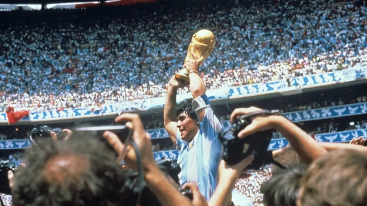 Fotograf&iacute;a de Diego Armando Maradona con la Copa del Mundo tras  la final de 1986 disputada en el estadio Azteca. / EFE