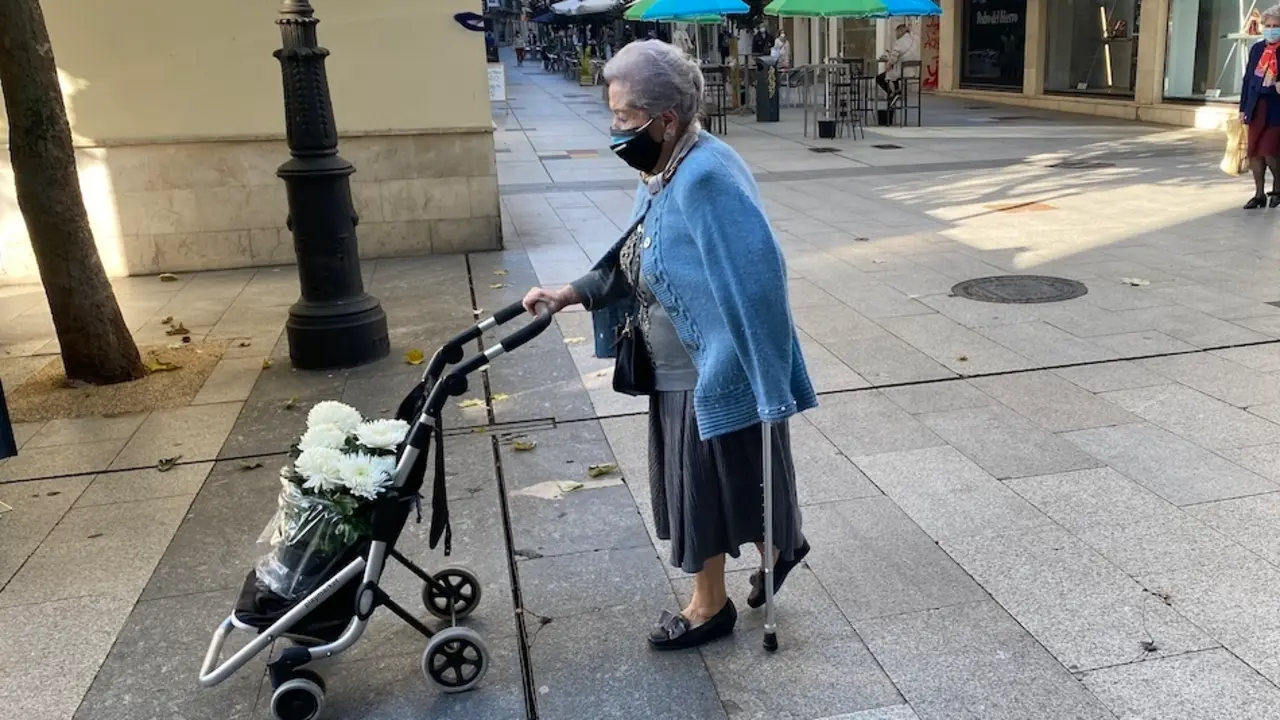 Una mujer de avanzada edad con su mascarilla transporta un carro con flores en la calle Escalante de Santander. / HARDY