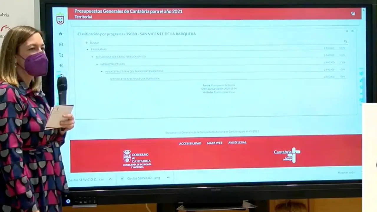 La consejera de Econom&iacute;a y Hacienda, Mar&iacute;a S&aacute;nchez, esta ma&ntilde;ana durante la presentaci&oacute;n del proyecto de Presupuestos Generales de Cantabria para 2021. / ALERTA