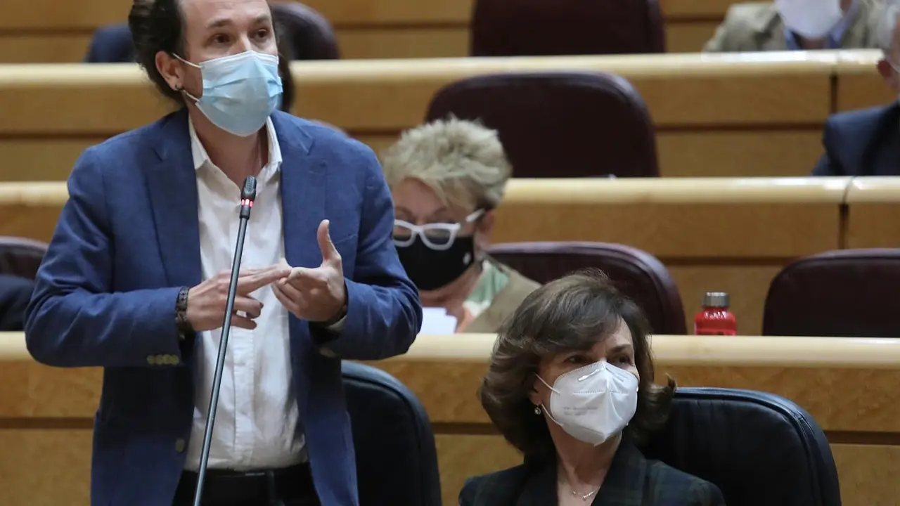 El vicepresidente de Derechos Sociales y Agenda 2030, Pablo Iglesias, interviene en una sesi&oacute;n de control al Gobierno en el Senado