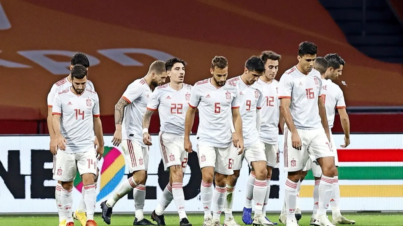 Los jugadores de la selecci&oacute;n espa&ntilde;ola tras celebrar el gol con Sergio Canales. / EFE