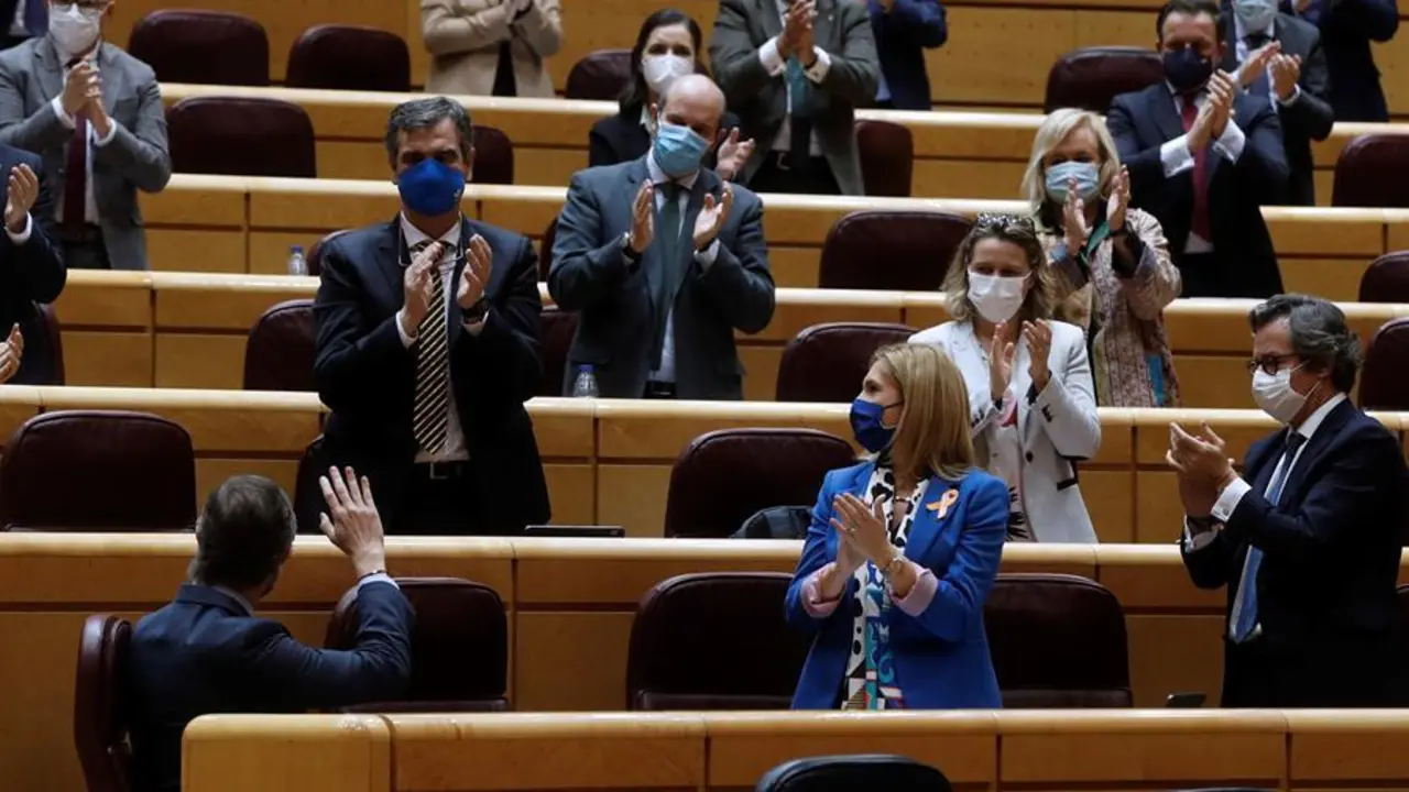 El portavoz del Grupo Popular en el Senado, Javier Maroto, es ovacionado por la bancada Popular tras su intervenci&oacute;n durante el pleno de debate de la totalidad del proyecto de Ley de los Presupuestos Generales, este lunes, en Madrid. EFE/J.J. Guill&eacute;n