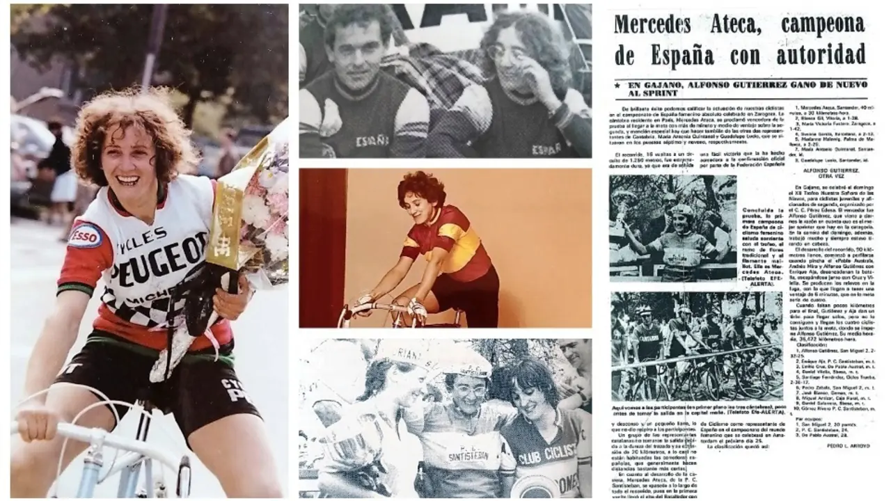 A la derecha, p&aacute;gina del Peri&oacute;dico ALERTA del martes 7 de agosto de 1979, con la cr&oacute;nica del campeonato. | Arriba en el medio, Rodr&iacute;guez Inguanzo y Mercedes Ateca, en v&iacute;speras del Mundial de 1979. | En el centro, Mercedes Ateca luciendo el maillot rojigualda. | Abajo en el medio, Mercedes Ateca, en el podio nacional. | A la izquierda, Ateca tras una etapa ciclista. / ALERTA