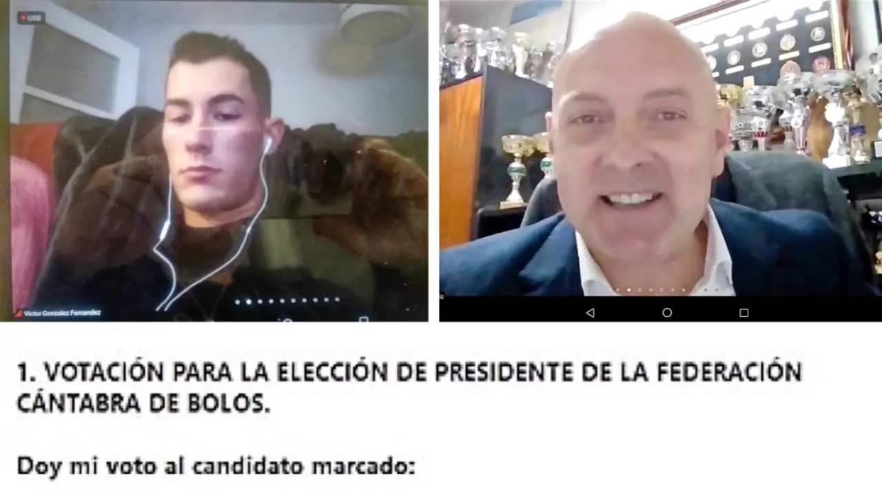 El jugador V&iacute;ctor Gonz&aacute;lez siguiendo de forma telem&aacute;tica la Asamblea. Norberto Ortiz, feliz, agradeciendo el apoyo de los asamble&iacute;stas. Abajo, Captura de pantalla del resultado de la votaci&oacute;n.