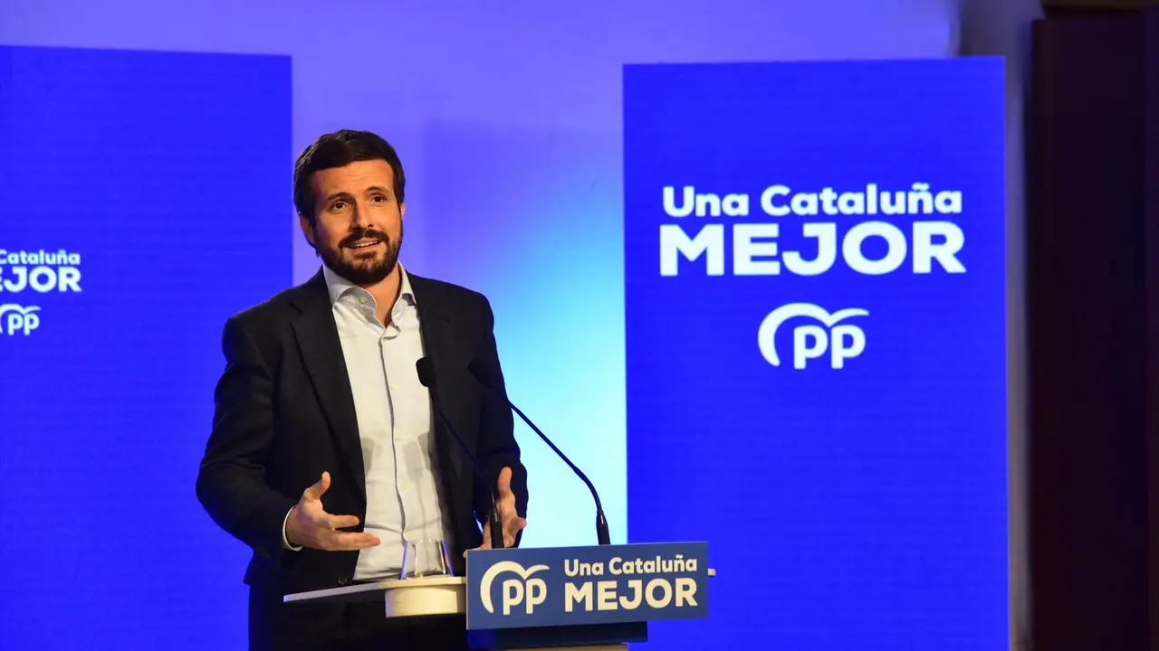 El l&iacute;der del PP, Pablo Casado interviene durante el inicio de la campa&ntilde;a electoral para los comicios del 14 de febrero, en el Hotel Grand Marina, en Barcelona, Catalu&ntilde;a (Espa&ntilde;a), a 28 de enero de 2021. 