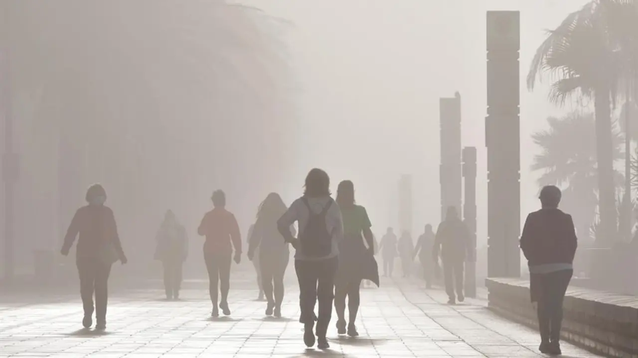 Vecinos de Almer&iacute;a pasean y hacen deporte por la playa y el paseo mar&iacute;timo de Almer&iacute;a hoy viernes, aprovechando el aumento de las temperaturas a pesar de la espesa niebla que ha cubierto la ciudad. EFE / Carlos Barba