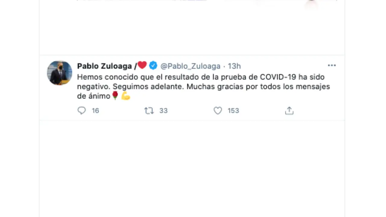 El tweet de Zuloaga tras conocer la noticia de su negativo.