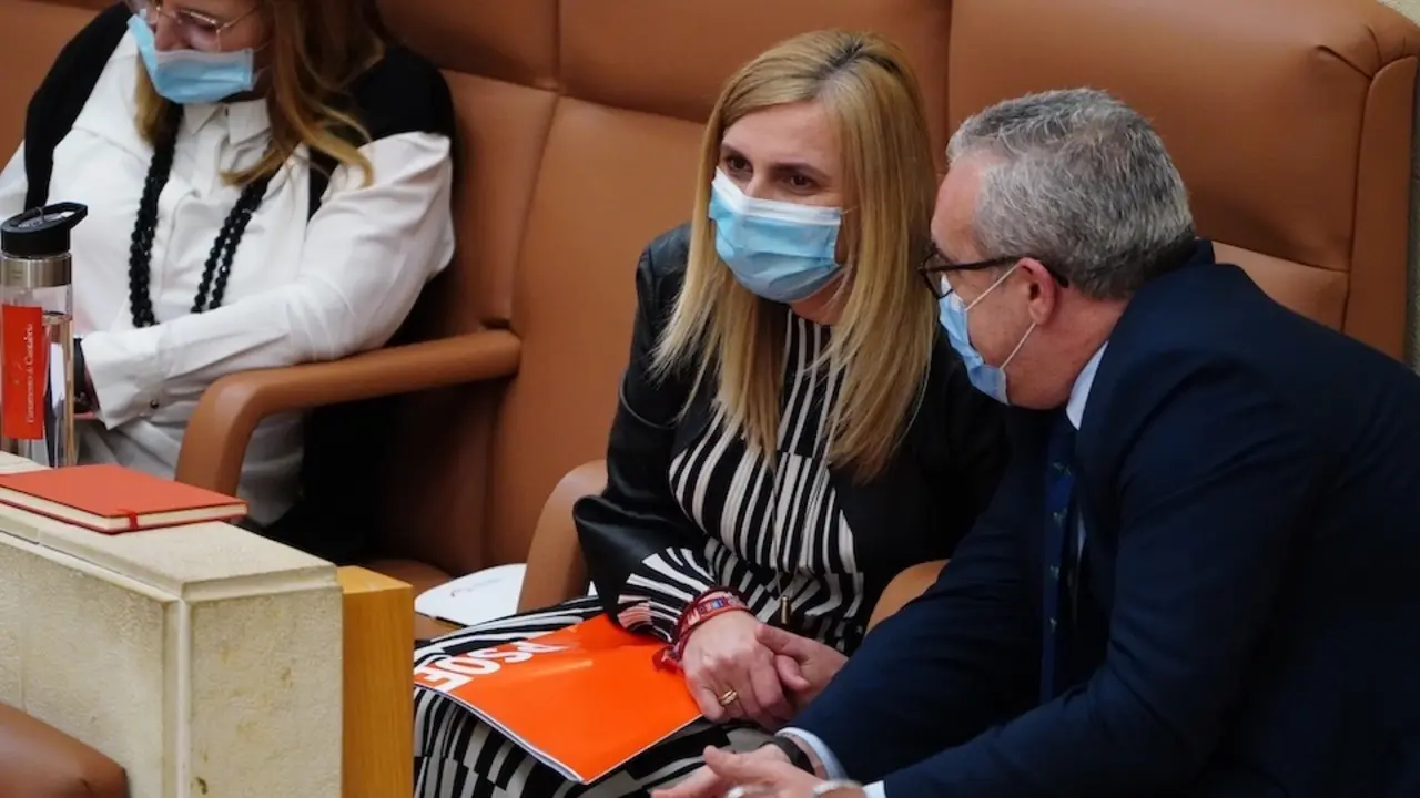 El parlamentario Pedro Hernando del PRC junto a Noelia Cobo del PSOE durante la sesi&oacute;n. / HARDY