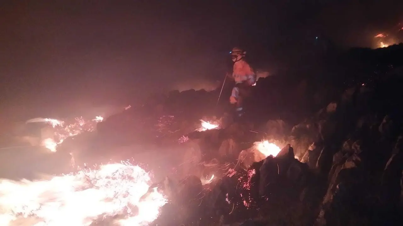 Un operario intenta sofocar el incendio provocado en la comarca de Trasmiera. / ALERTA