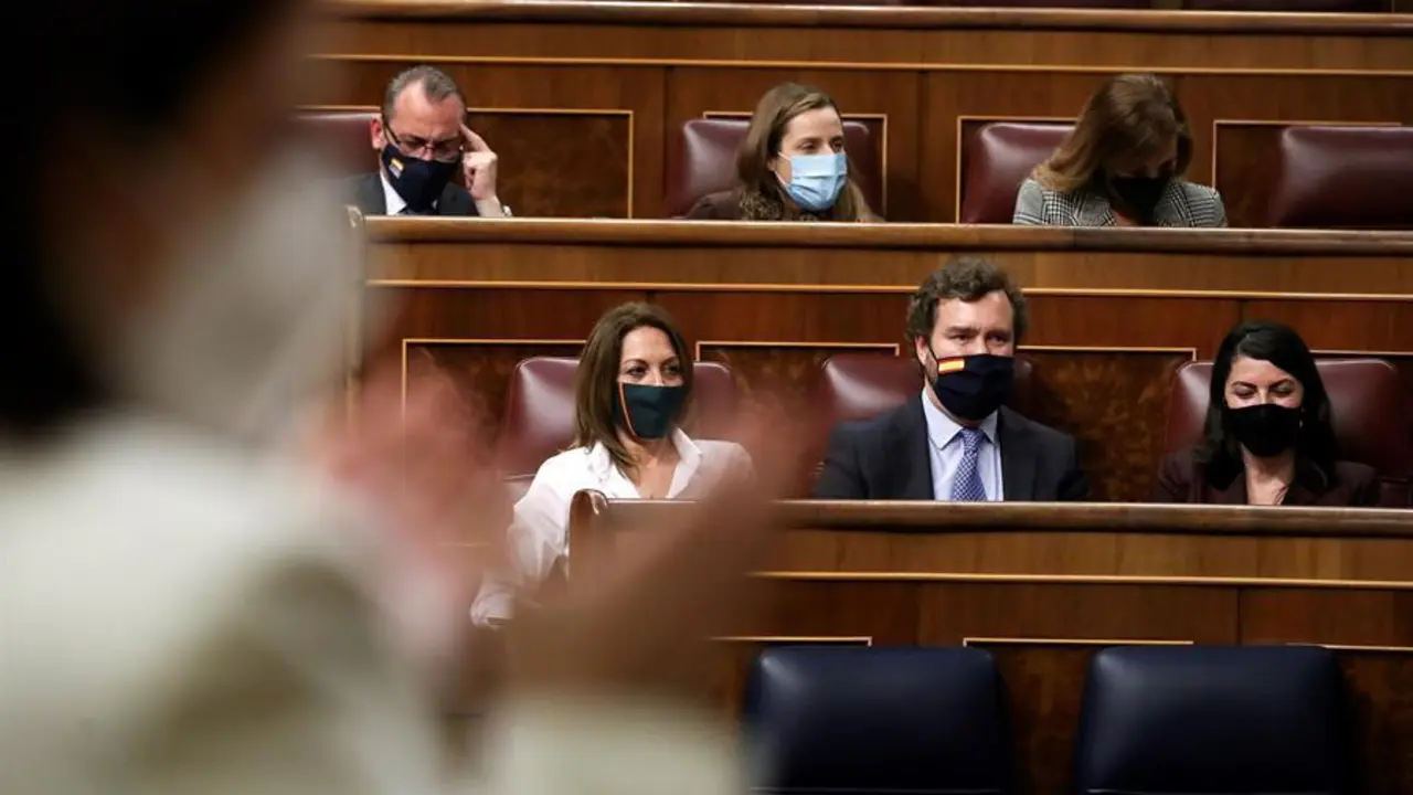 El portavoz de Vox en la c&aacute;mara Iv&aacute;n Espinosa de los Monteros, durante el pleno del Congreso de los Diputados, este martes en Madrid. Entre aplausos de todos los grupos parlamentarios, a excepci&oacute;n de los diputados de Vox, los portavoces de distintos grupos parlamentarios han recordado por sus nombres a las 1.081 mujeres asesinadas por violencia machista desde 2003 en Espa&ntilde;a como respuesta al intento de Vox de revocar la Ley contra la violencia de g&eacute;nero mediante una legislaci&oacute;n de violencia intrafamiliar. EFE/Kiko Huesca