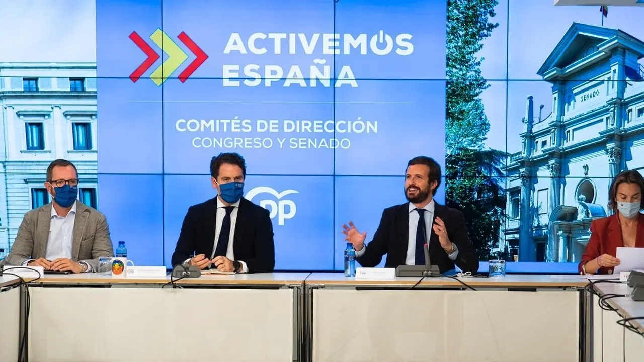 Archivo - El presidente del PP, Pablo Casado, preside la reuni&oacute;n con los comit&eacute;s de direcci&oacute;n del Grupo Popular. Asisten tambi&eacute;n Teodoro Garc&iacute;a Egea, Cuca Gamarra y Javier Maroto. En Madrid, a 14 de septiembre de 2020.