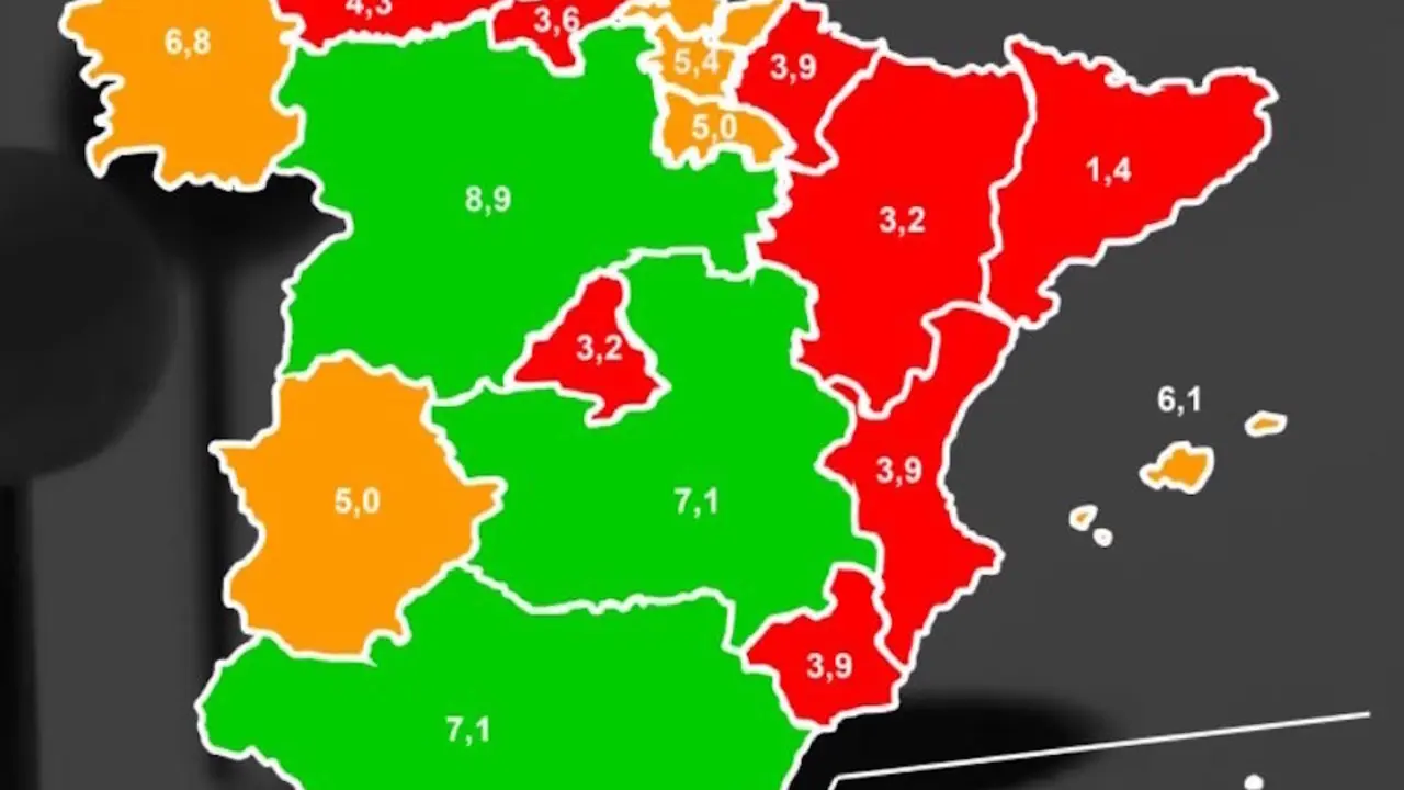 Mapa con la nota obtenida por la cada Comunidad en Atenci&oacute;n a la Dependencia. / E. PRESS