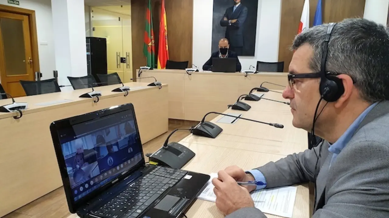 El alcalde de Torrelavega, Javier L&oacute;pez Marcano y el concejal de Haciendo Pedro Noriega durante el pleno telem&aacute;tico celebrado hoy. / ALERTA