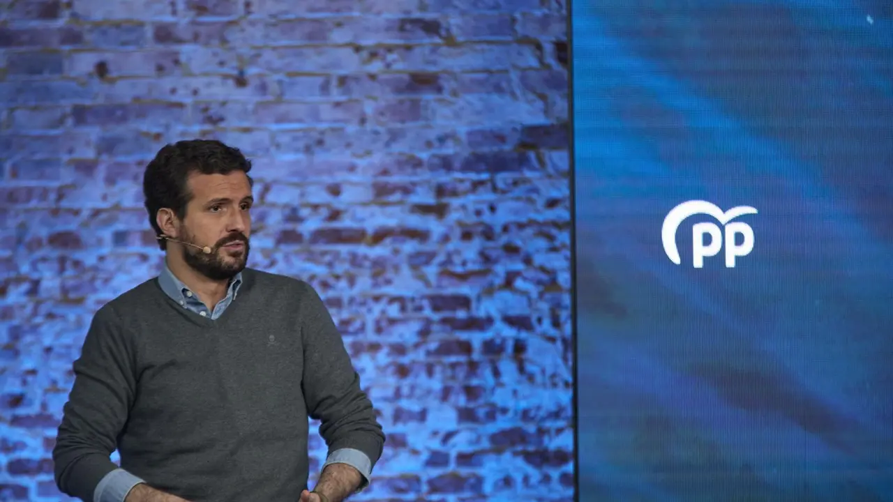 El presidente del Partido Popular, Pablo Casado participa en el XV Congreso Nacional de Nuevas Generaciones del PP en Espacio Jorge, a 10 de abril de 2021, en Madrid (Espa&ntilde;a).