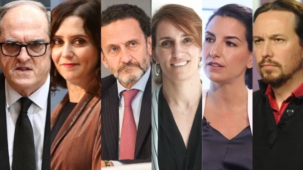 Candidatos para las elecciones a la Comunidad de Madrid 2021. De izquierda a dercha: &Aacute;ngel Gabilondo (PSOE), Isabel D&iacute;az Ayuso (PP) Edmundo Bal (Ciudadanos) M&oacute;nica Garc&iacute;a (M&aacute;s Madrid), Roc&iacute;o Monasterio (Vox) y Pablo Iglesias (Podemos)