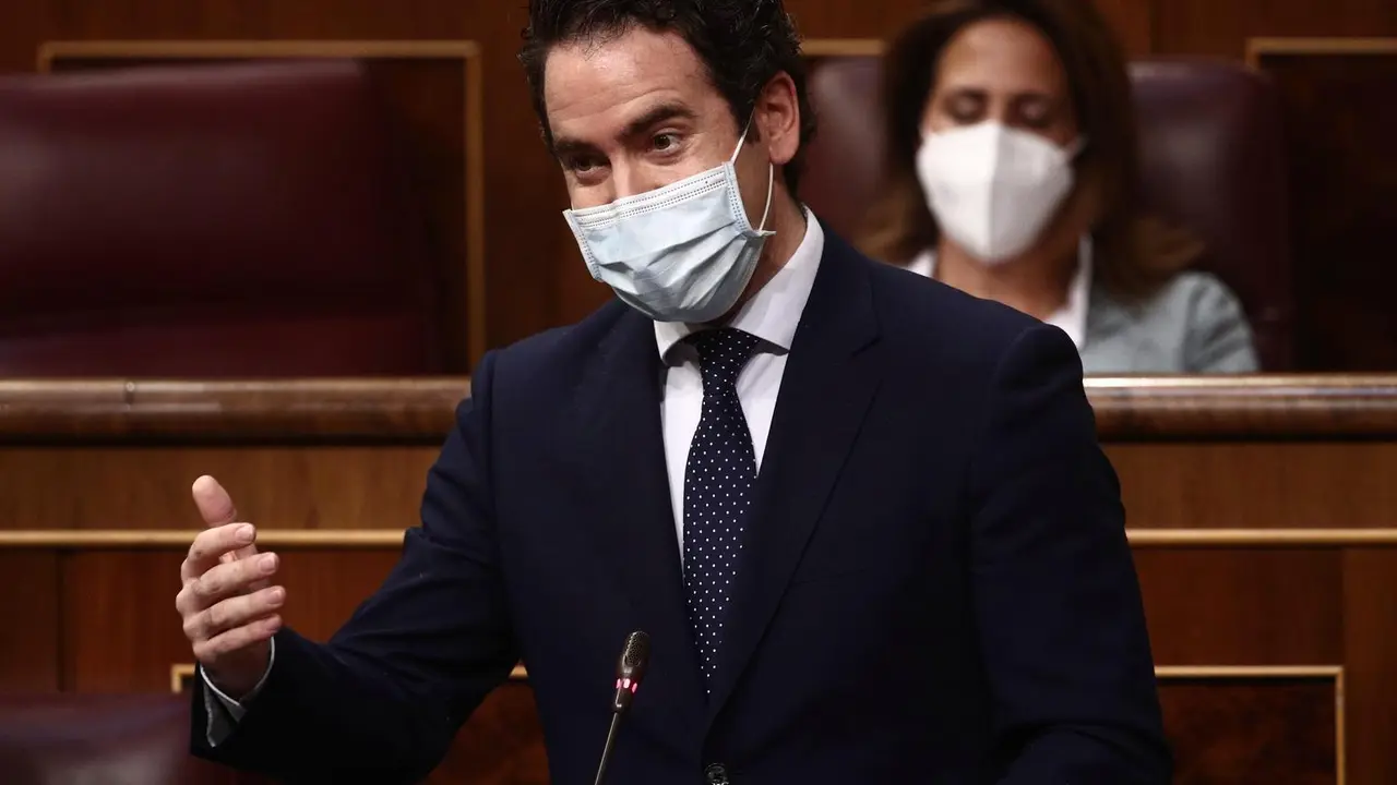 El secretario general del PP, Teodoro Garc&iacute;a Egea, interviene en una sesi&oacute;n de control al Gobierno, a 14 de abril de 2021, en el Congreso de los Diputados, Madrid, (Espa&ntilde;a).  