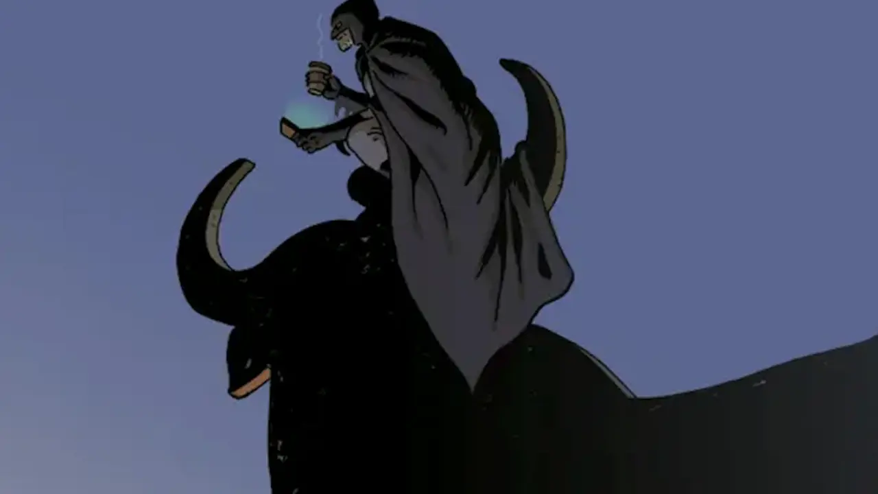 Batman con su caf&eacute; y su tel&eacute;fono m&oacute;vil, encaramado a un toro de Osborne.  Fotograf&iacute;a: TM & &copy; 2021 DC COMICS