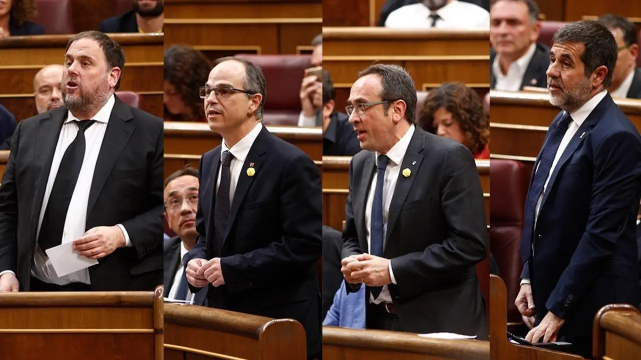 Archivo - Montaje de Junqueras, Jordi Turull, Josep Rull i Jordi Sanchez en el hemiciclo del Congreso