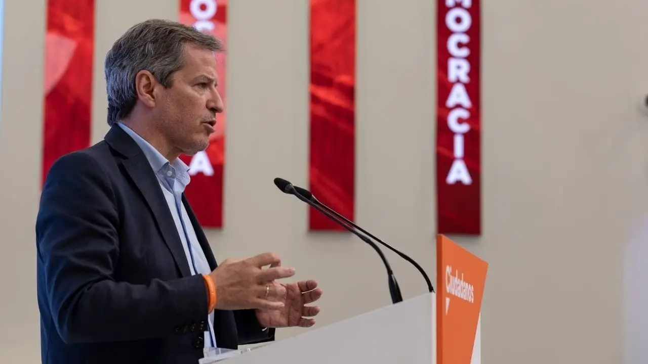 El vicesecretario general de Ciudadanos y portavoz en las Cortes de Arag&oacute;n, Daniel P&eacute;rez Calvo, en una rueda de prensa en la sede de Cs en Madrid.