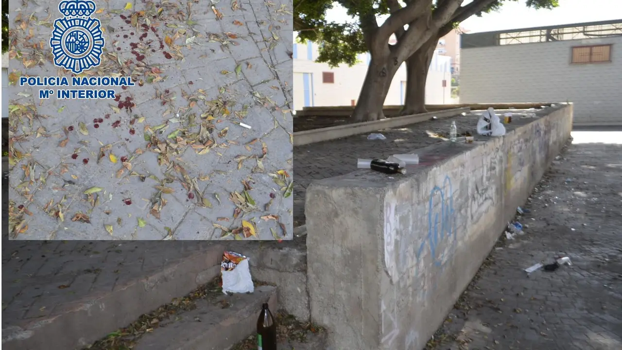 Restos del botell&oacute;n y sangre en el parque donde se produjo la ri&ntilde;a tumultuaria