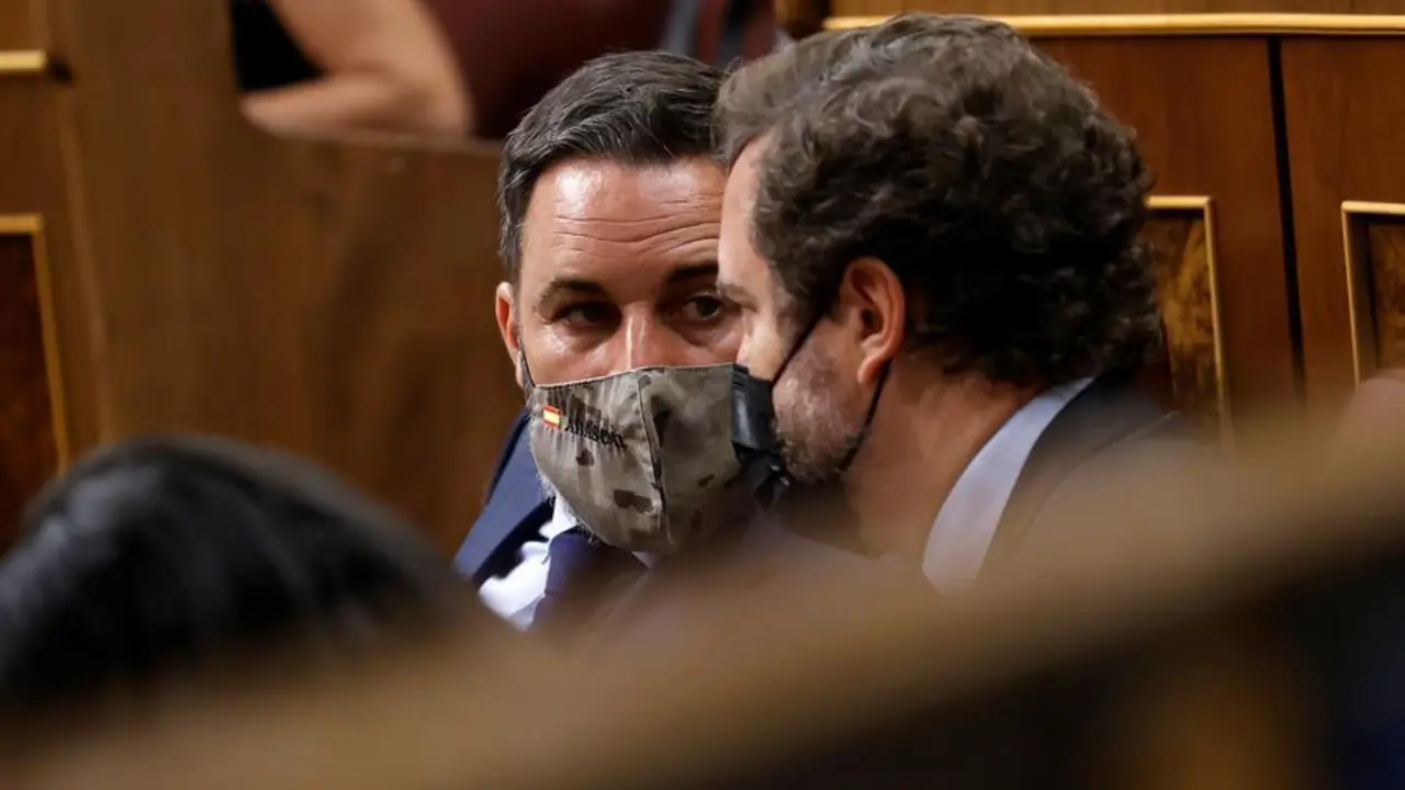El l&iacute;der de Vox, Santiago Abascal (i), conversa con el portavoz de su grupo parlamentario, Iv&aacute;n Espinosa de los Monteros, durante la sesi&oacute;n de control del Congreso celebrada este mi&eacute;rcoles y con los indultos casi como asunto monogr&aacute;fico. EFE/Chema Moya